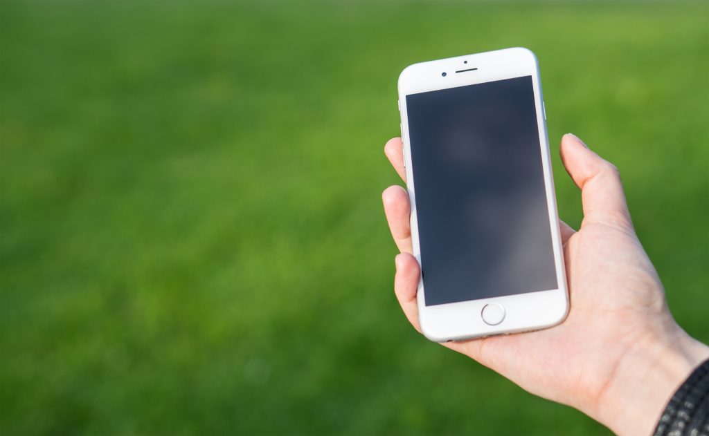 Smartphone in person's hand, over grass