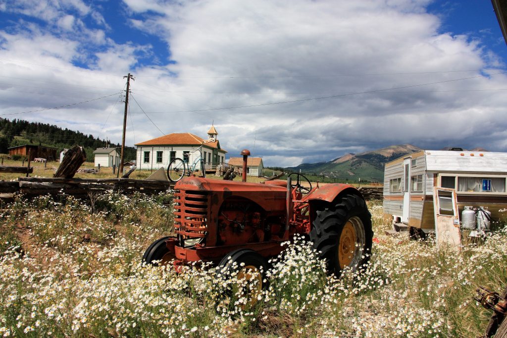 Old rusty tractor surrounded by wildflowers
