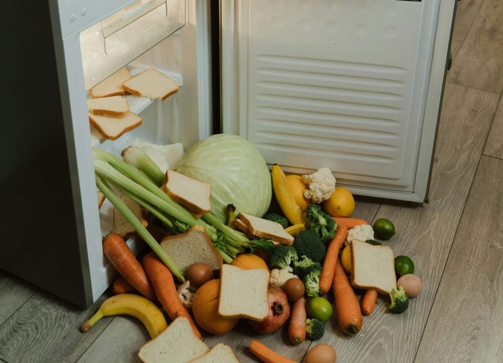 Waste food falling out of fridge