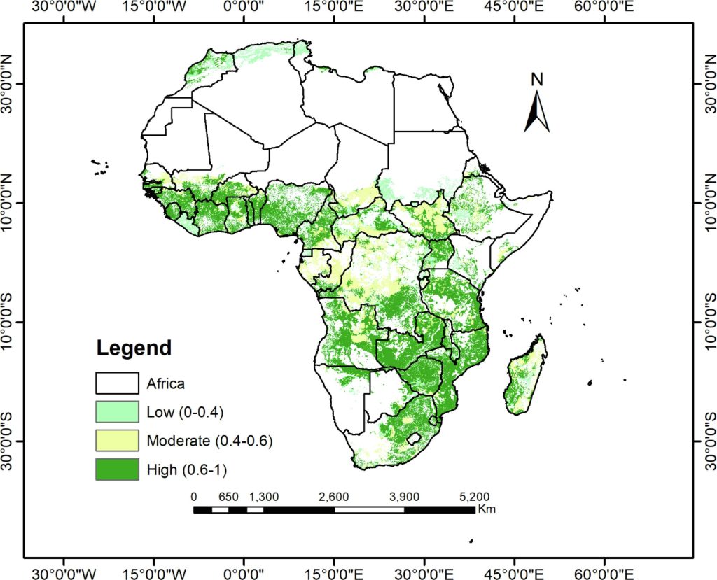 African map with areas of pest control suitability highlighted