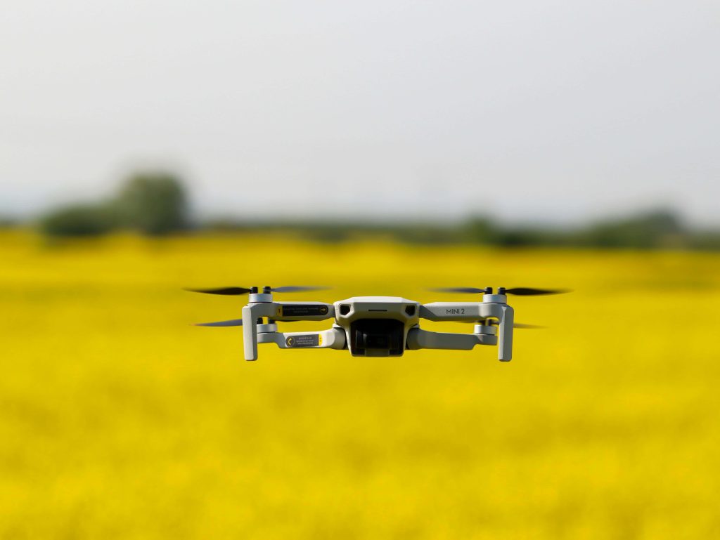 Agricultural drone over rapeseed field