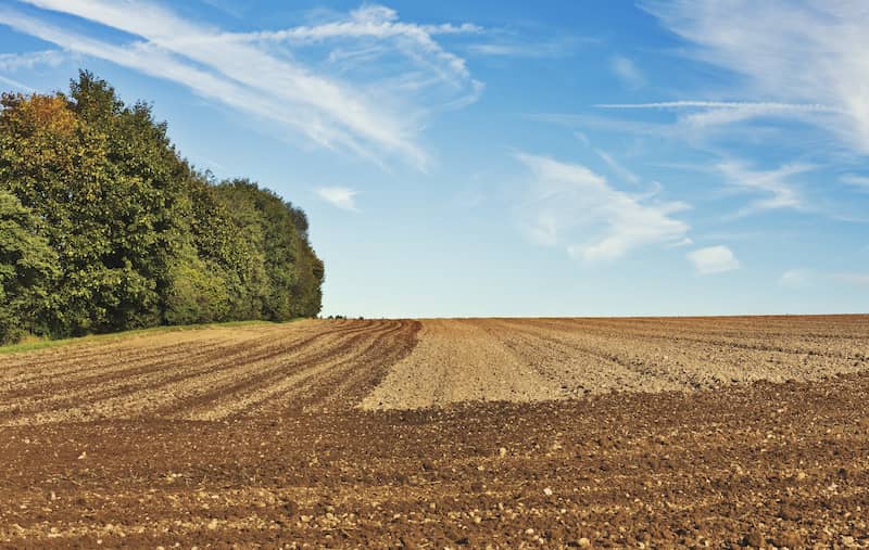 Soil in farm field under blue sky