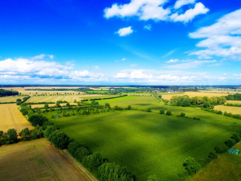 Farm fields shot from above with blue sky